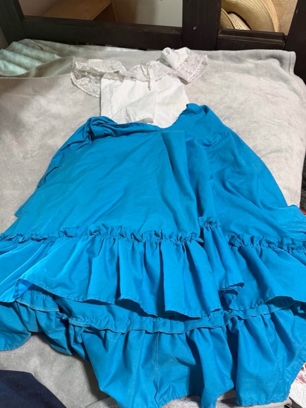 Bright Blue Ruffled Maxi Skirt with White Lace Top